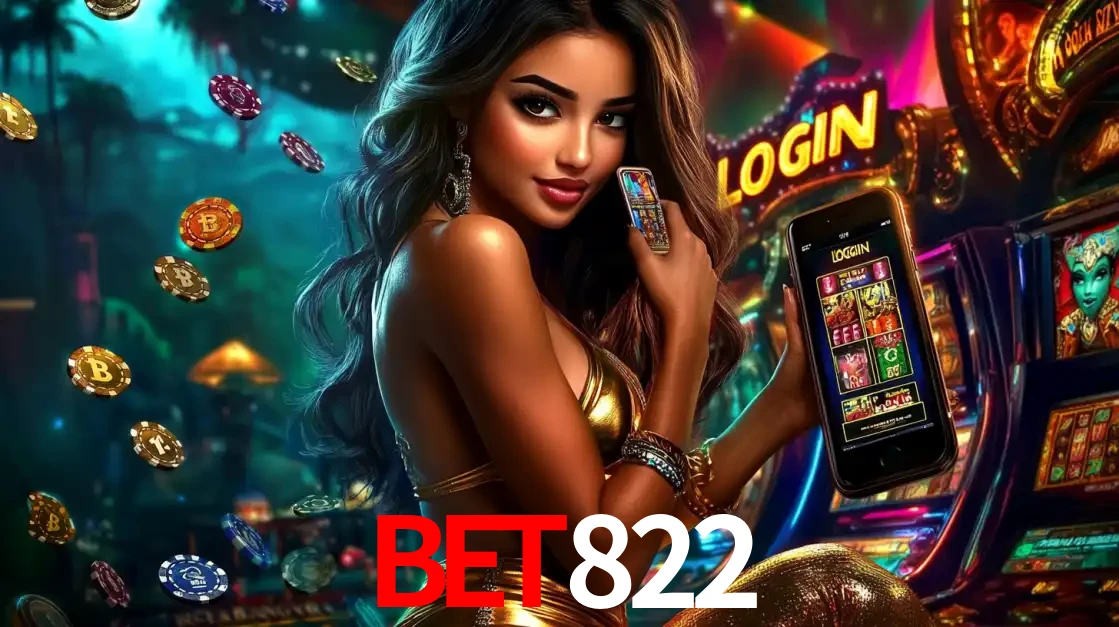 Mulher em um cenário de cassino temático de aventura, mostrando o app de caça-níqueis da bet822 no celular. Fichas de apostas flutuam ao redor.