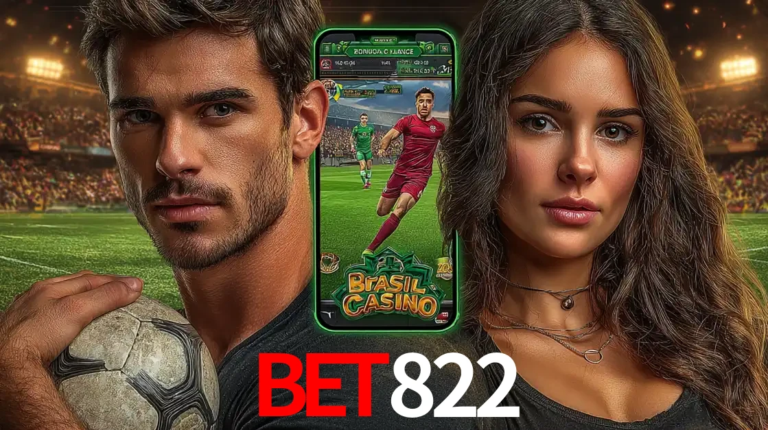 Homem segurando uma bola de futebol e uma mulher ao lado de um smartphone exibindo o jogo de apostas esportivas da bet822. Faça seu palpite no cassino online.